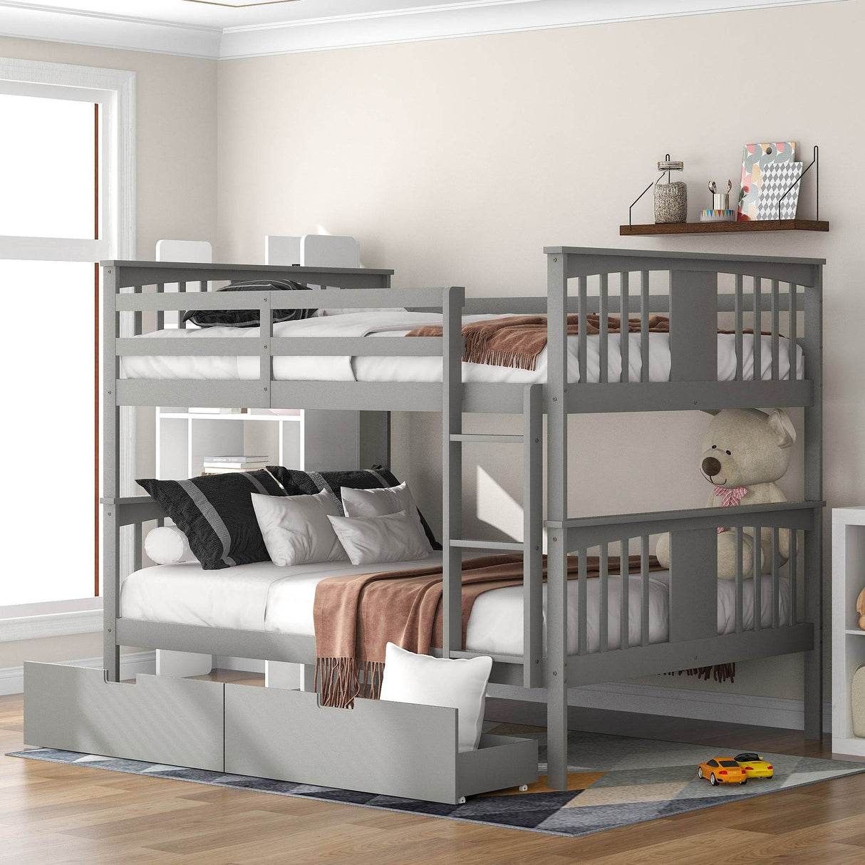 Full Over Full Solid Wood Bunk Bed With Drawers
