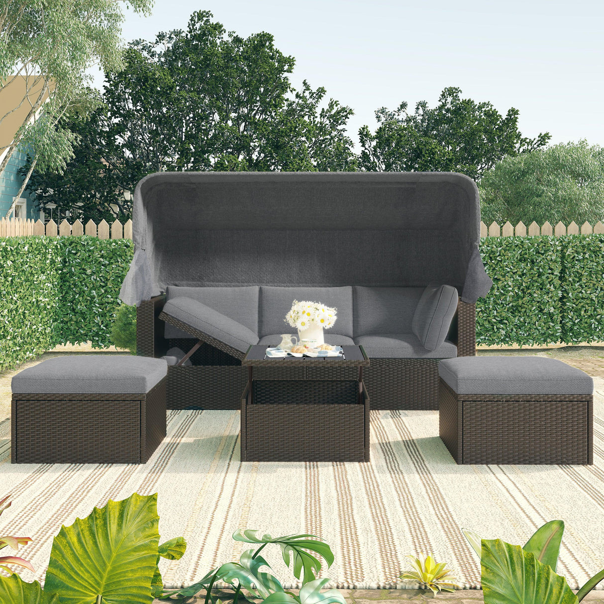 Outdoor Gray Rattan Wicker Patio Daybed With Canopy - Omega Lifestyles
