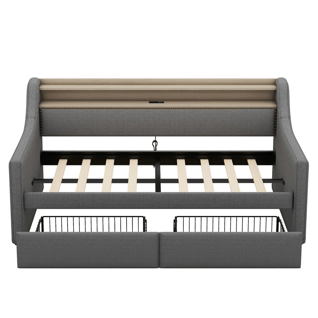 Twin Linen Upholstered Daybed With Storage Drawers Charging Station - Omega Lifestyles