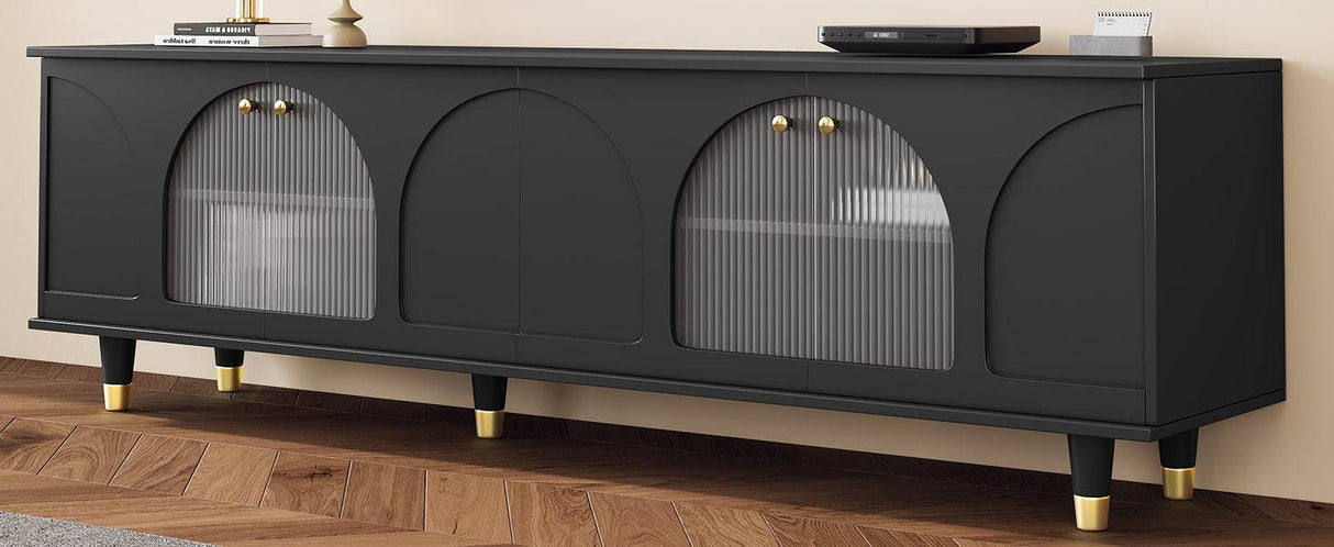 Contemporary Black TV Stand With Fluted Glass Doors - Sleep Galleria