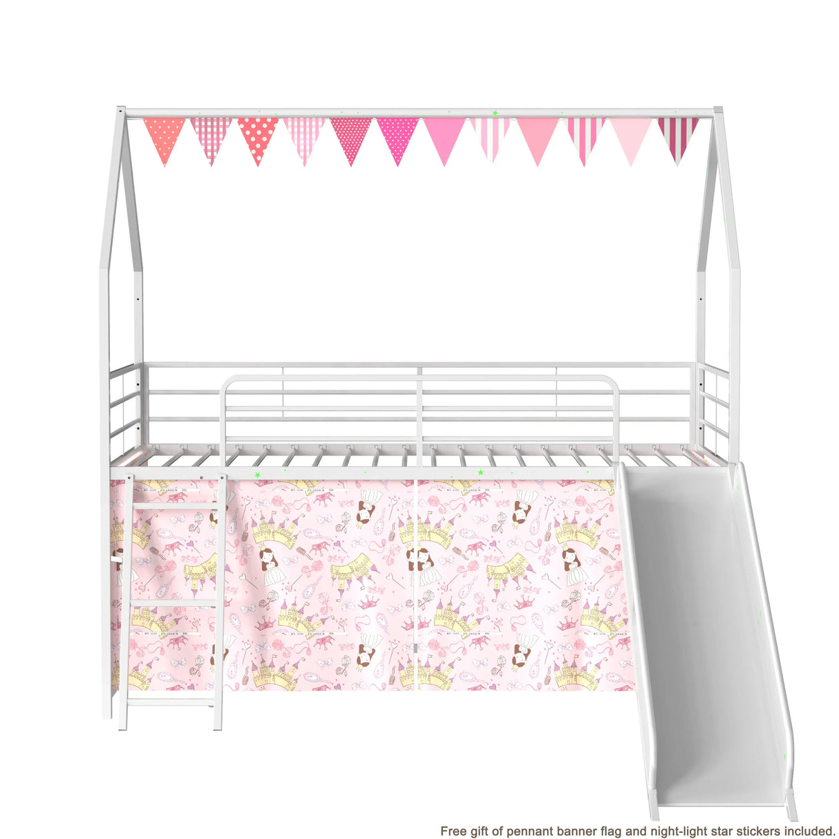 Twin Metal Junior House Bunk Bed With Slide and Curtain - Omega Lifestyles