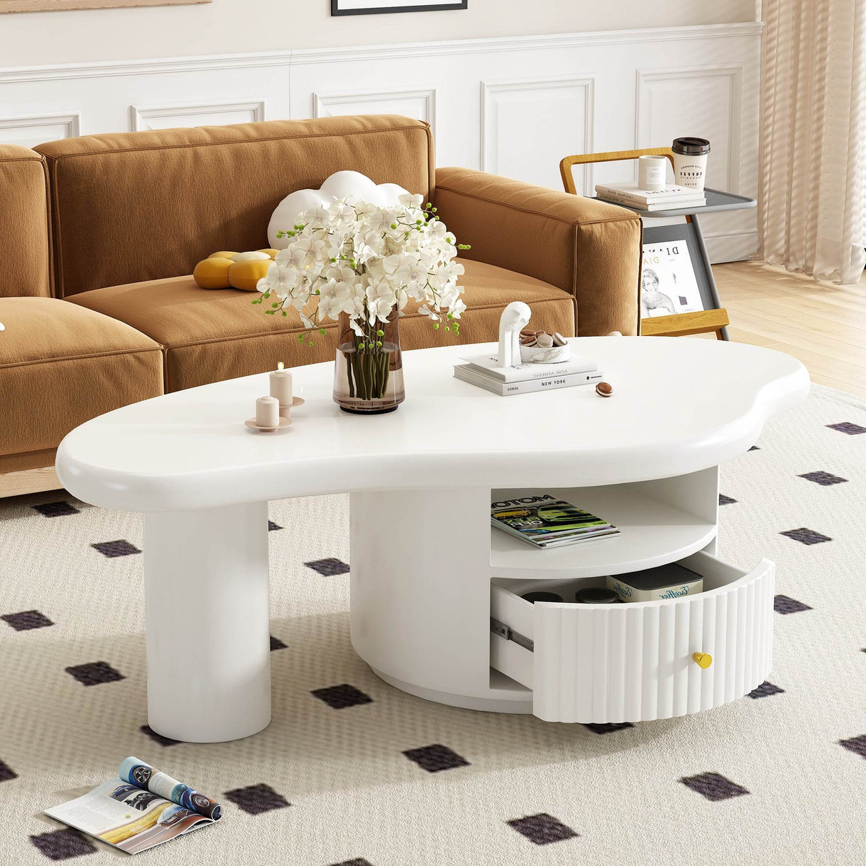 Cloud-Shaped White MDF Coffee Table With Drawer - Sleep Galleria