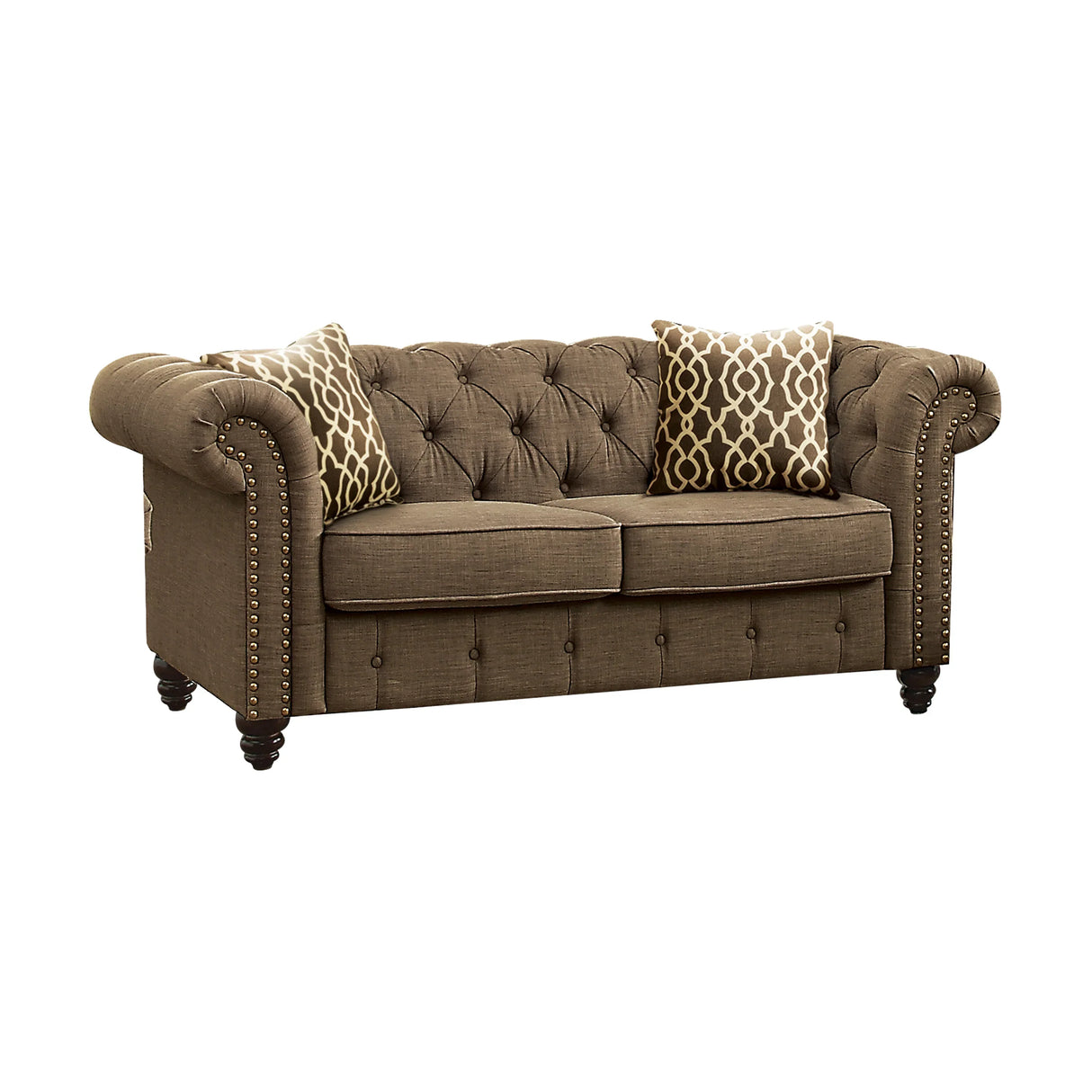 Brown Linen Tufted Loveseat With 2 Pillows - Omega Lifestyles