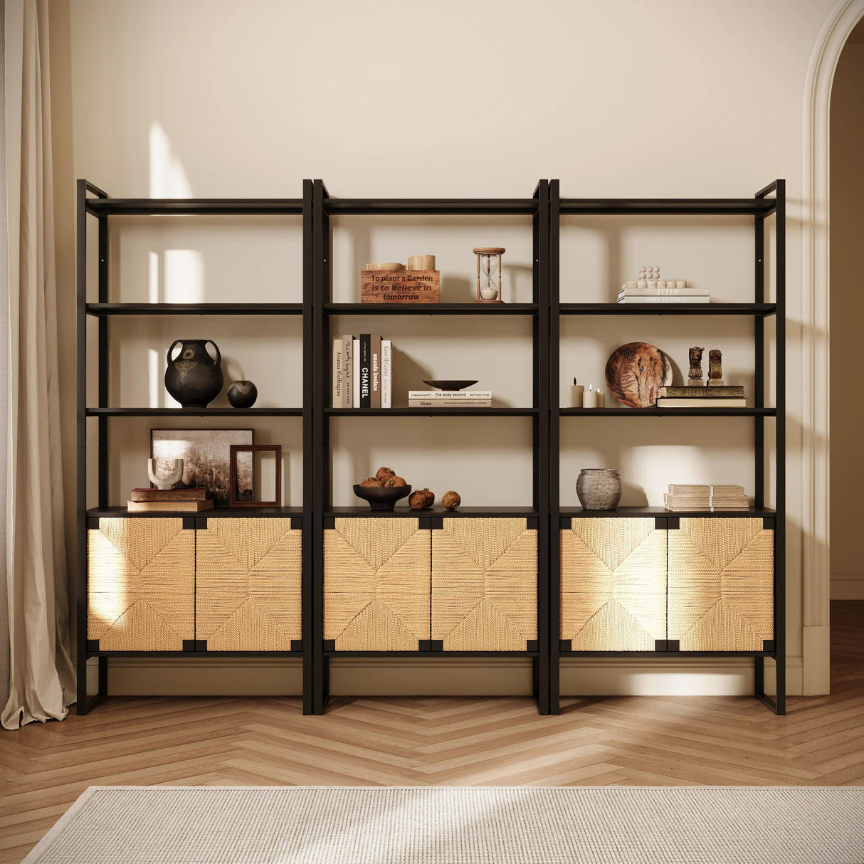 Natural Rattan Storage Cabinet Bookshelf With Doors - Omega Lifestyles