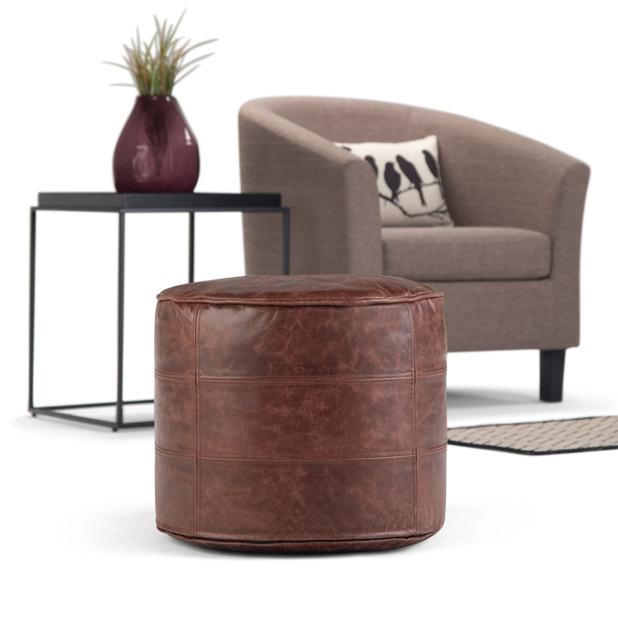 Distressed Brown Genuine Leather Round Pouf Stool - Omega Lifestyles