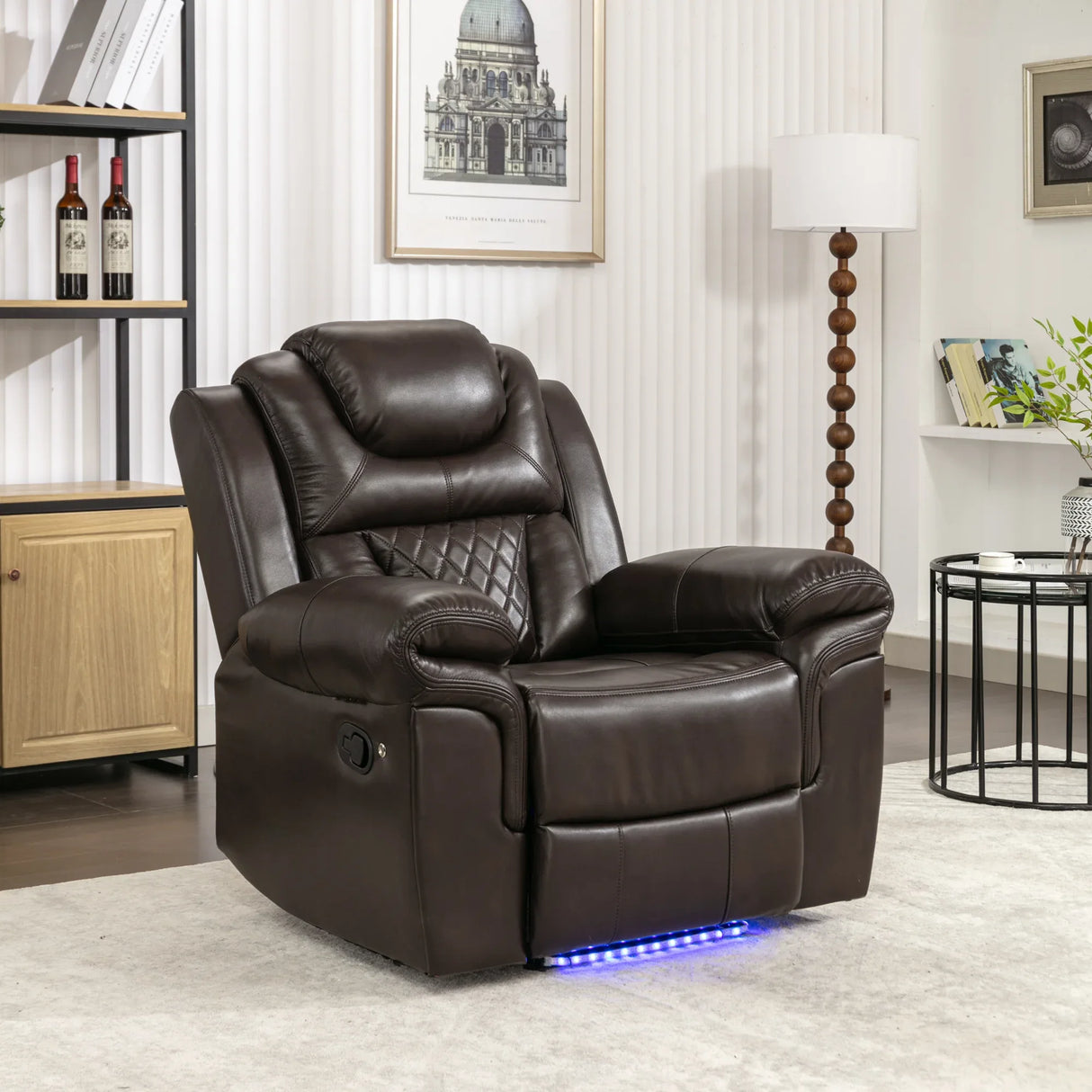 Manual Recliner Brown Faux Leather Chair With LED Light Strip - Omega Lifestyles