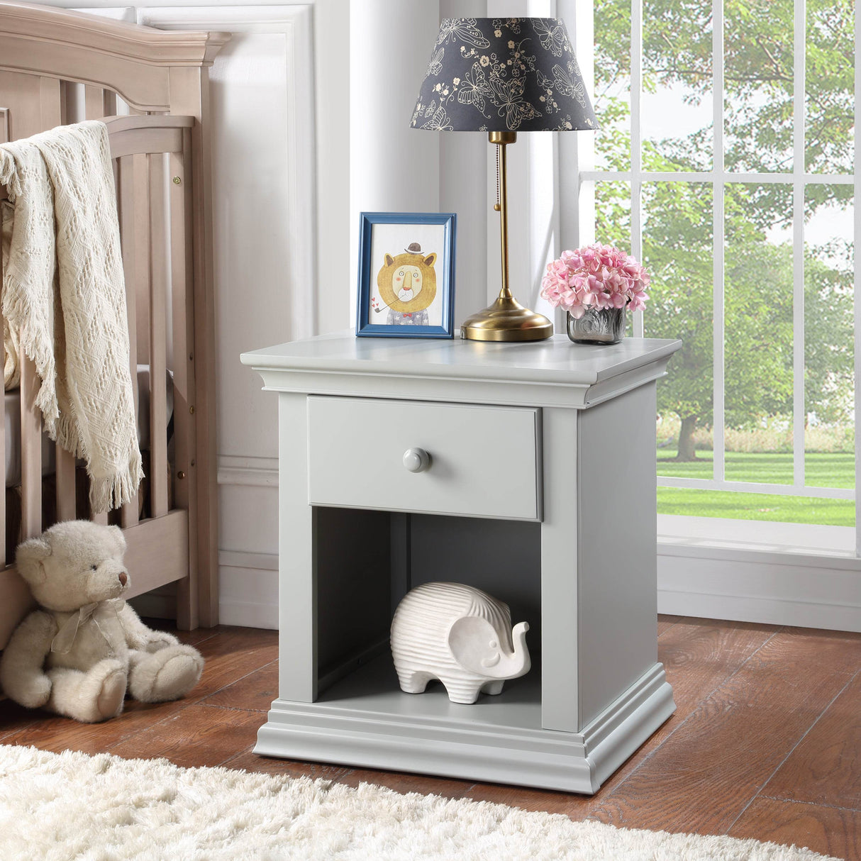 Solid Wood Gray Universal Nightstand With Storage Drawer