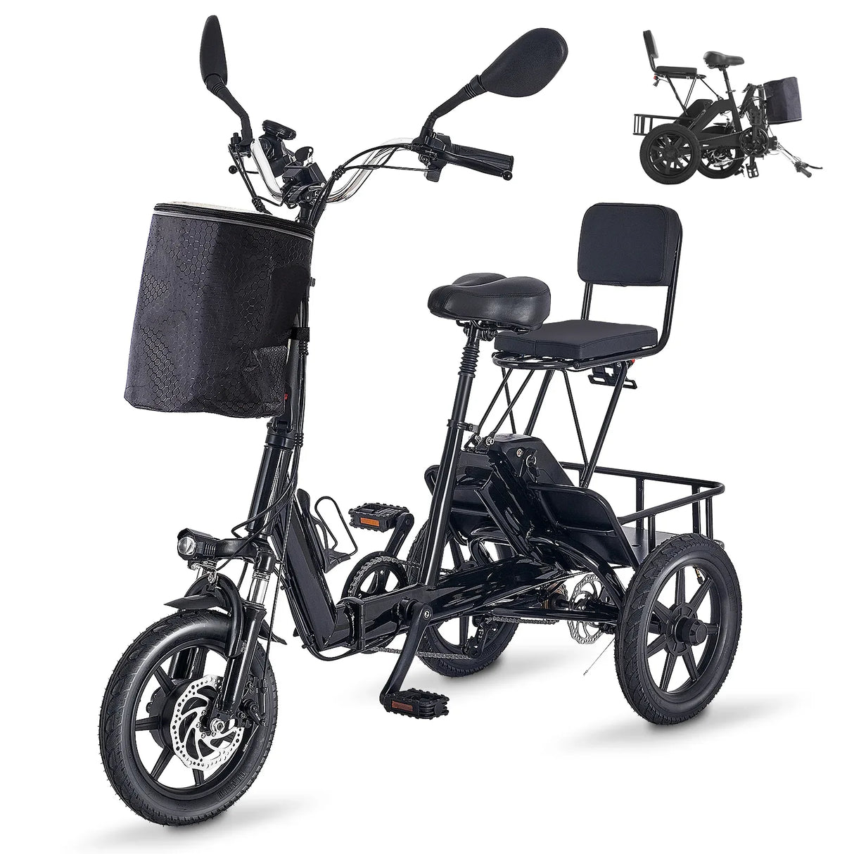 Adult Folding Electric 350W Motor 2-Seat Carbon Steel Trike - Omega Lifestyles