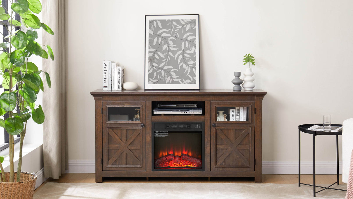 Farmhouse Espresso TV Stand With Fireplace Insert - Sleep Galleria