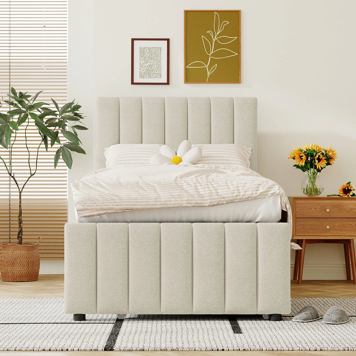 Twin Upholstered Platform Bed With Trundle And Drawers - Omega Lifestyles