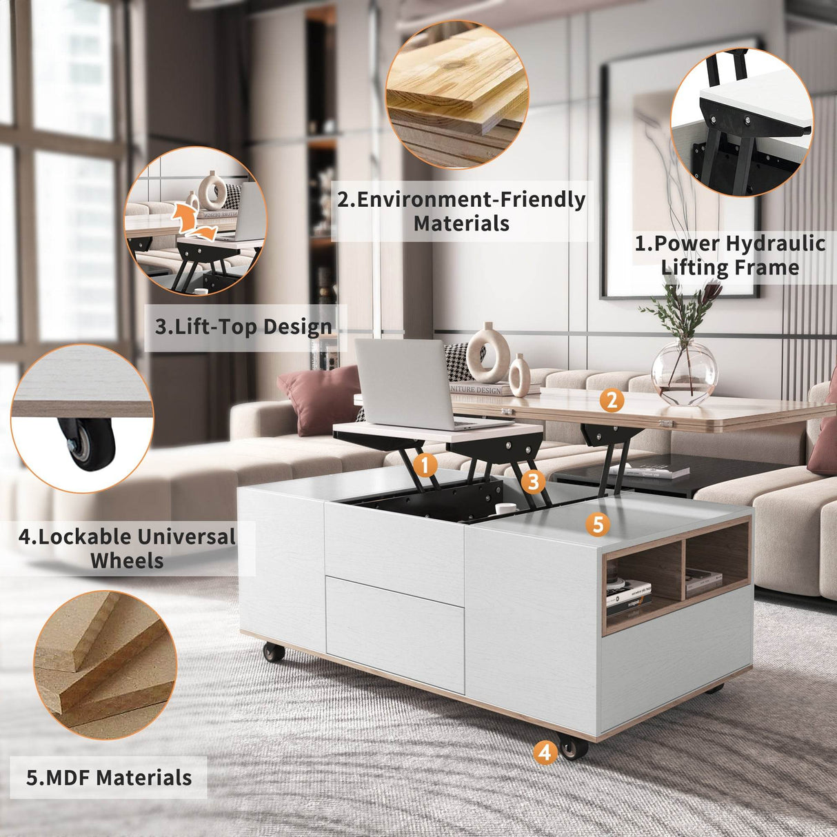 Modern Walnut White Lift Top Coffee Table With Drawers - Sleep Galleria