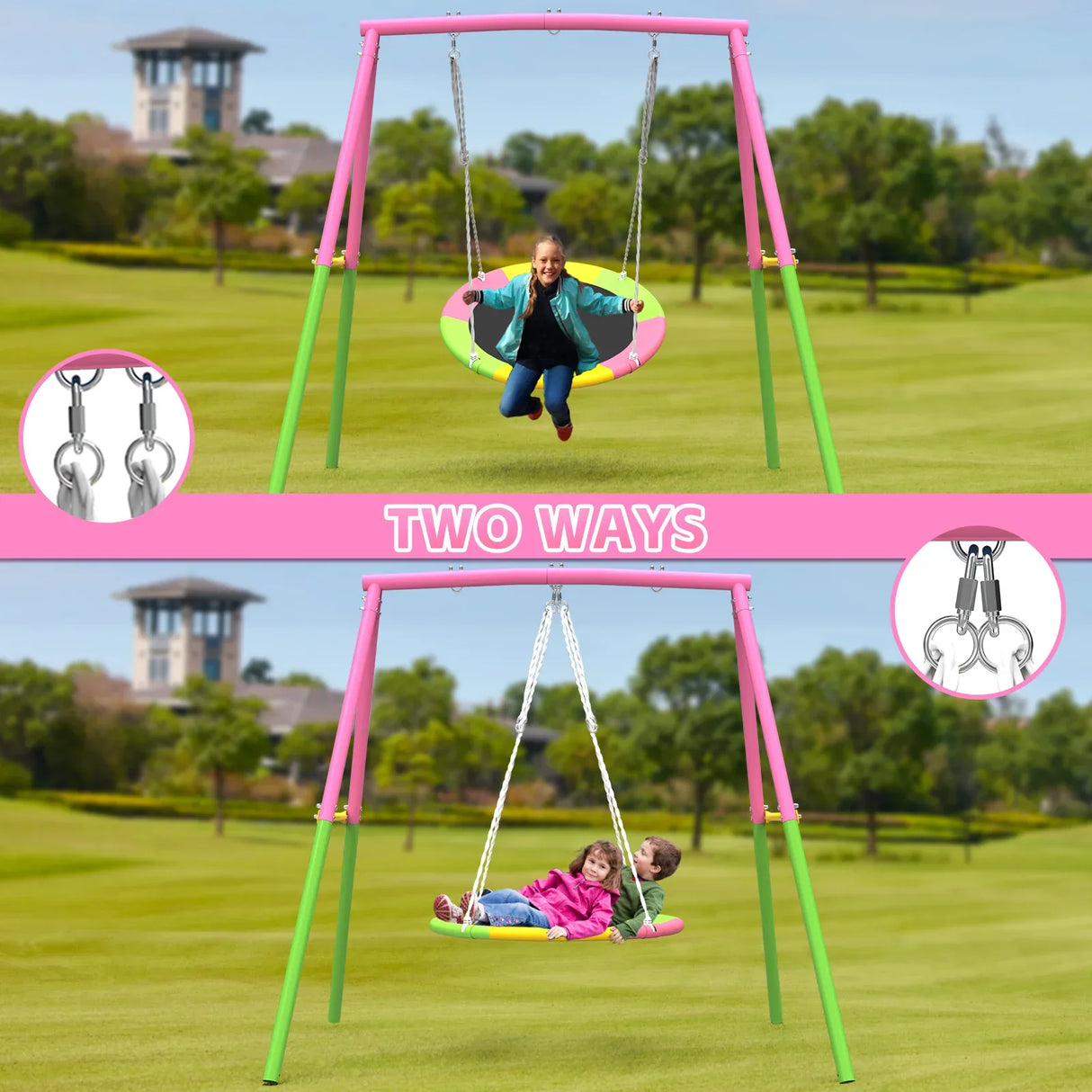 Flying Saucer Steel A-Frame Outdoor Swing Set - Omega Lifestyles