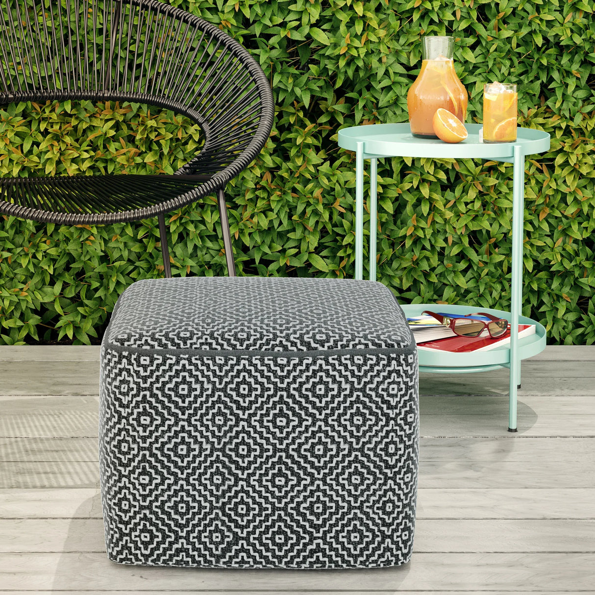 Square Woven Outdoor Indoor Gray Fabric Pouf Seat - Omega Lifestyles