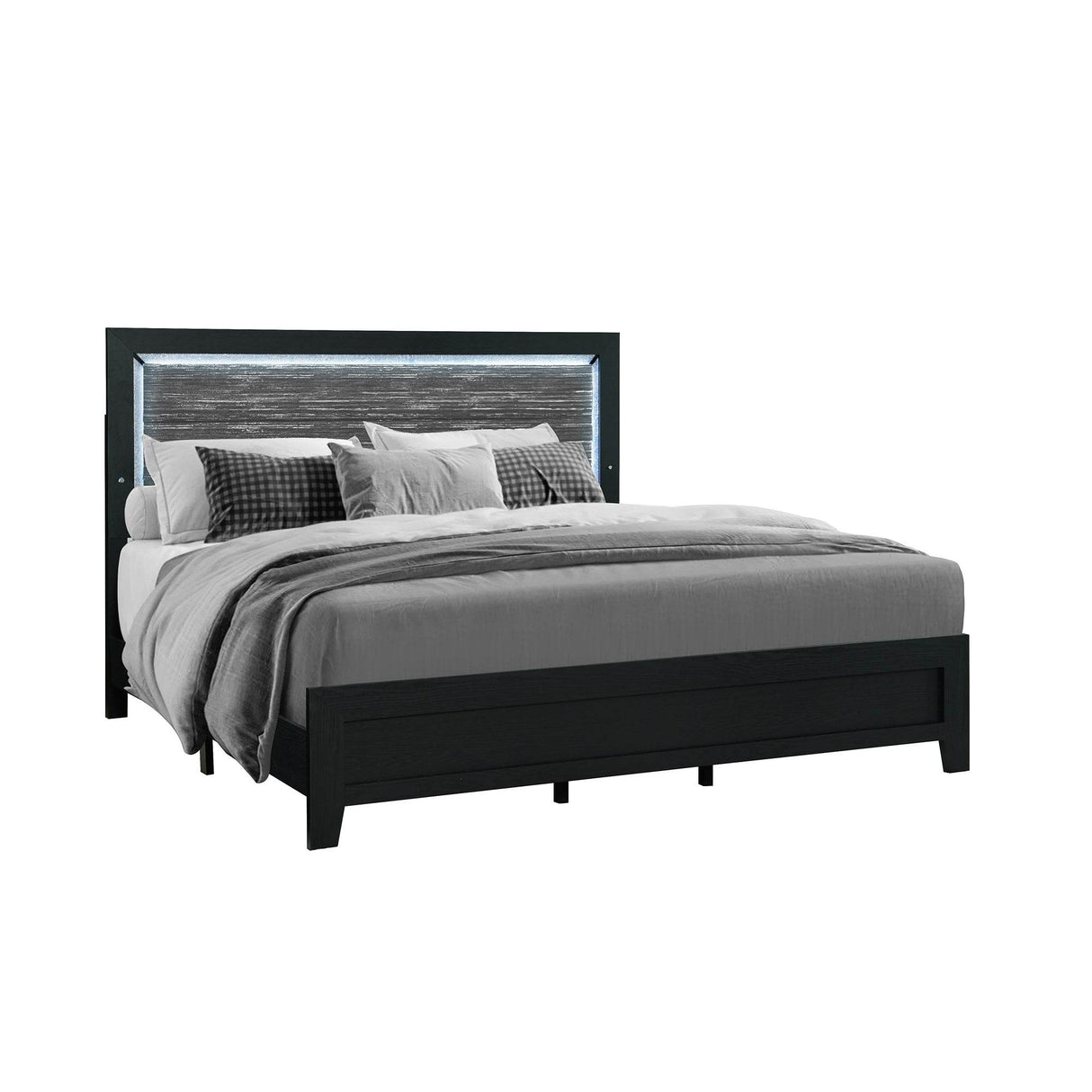 Transitional Black Wood Panel Bed Frame With LED Lighting