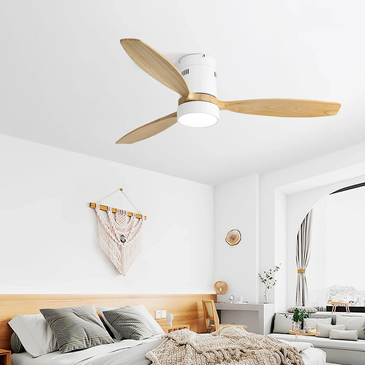 52-Inch Modern Wooden Flush Mount Ceiling Fan With Light - Omega Lifestyles
