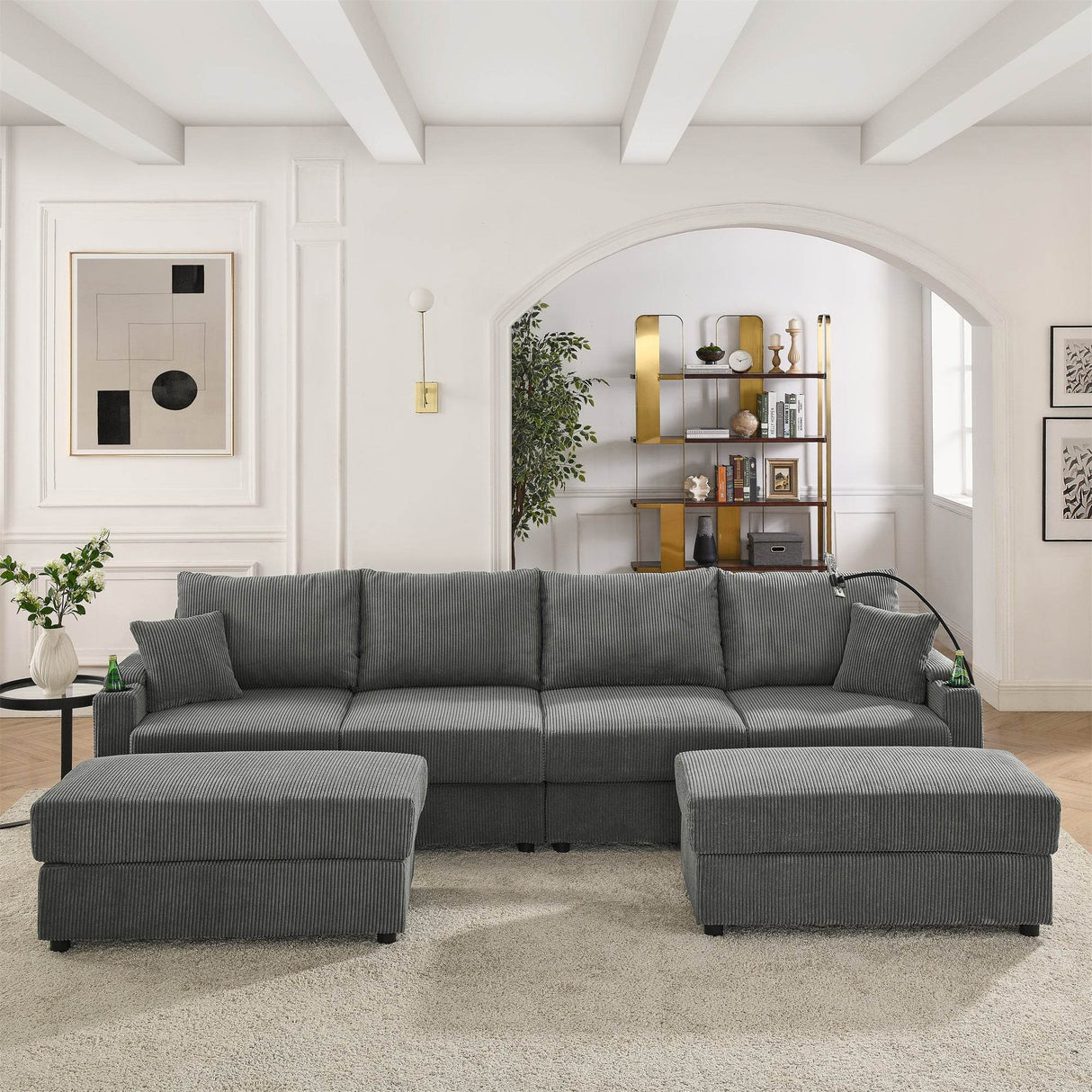 Modern U-Shaped Corduroy 6-Seat Sofa With Ottomans - Omega Lifestyles