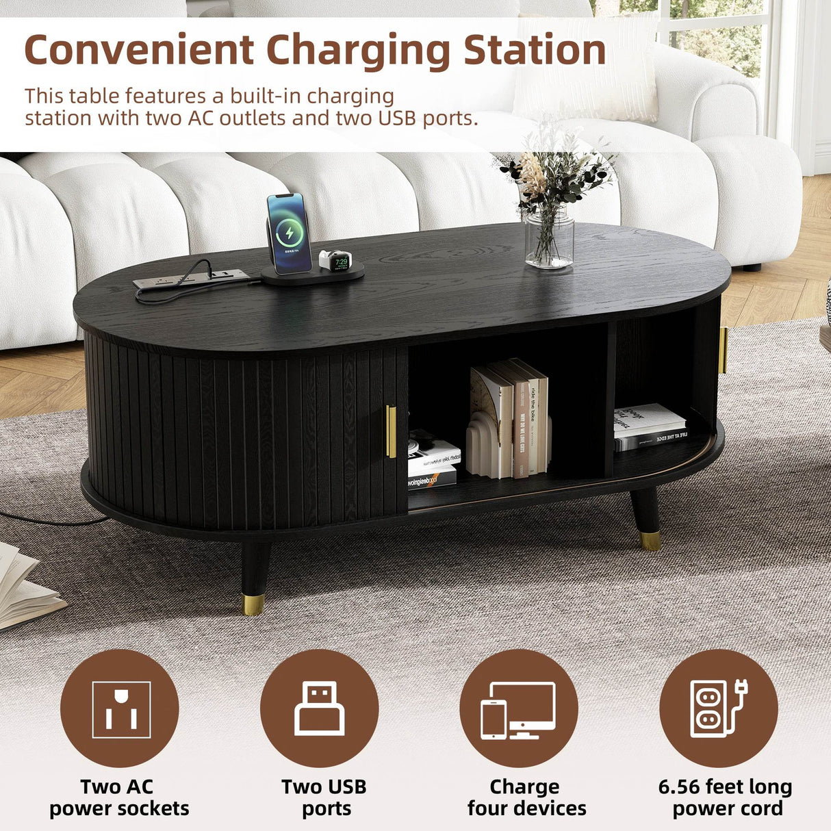 Mid-Century Modern Black Fluted Coffee Table With Charging Station - Sleep Galleria