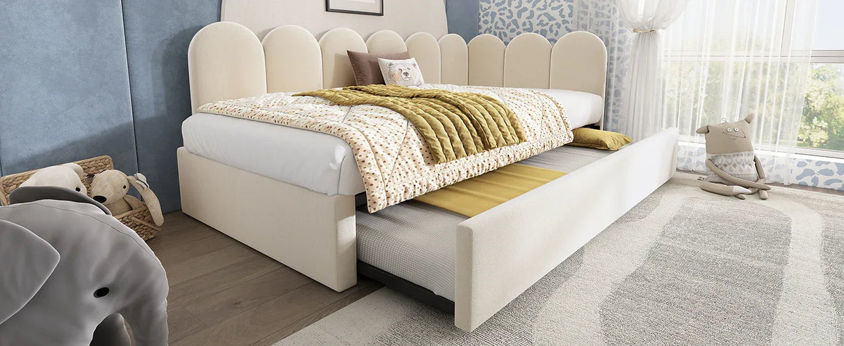 Beige Velvet L-Shaped Twin Daybed With Pull-Out Trundle - Omega Lifestyles