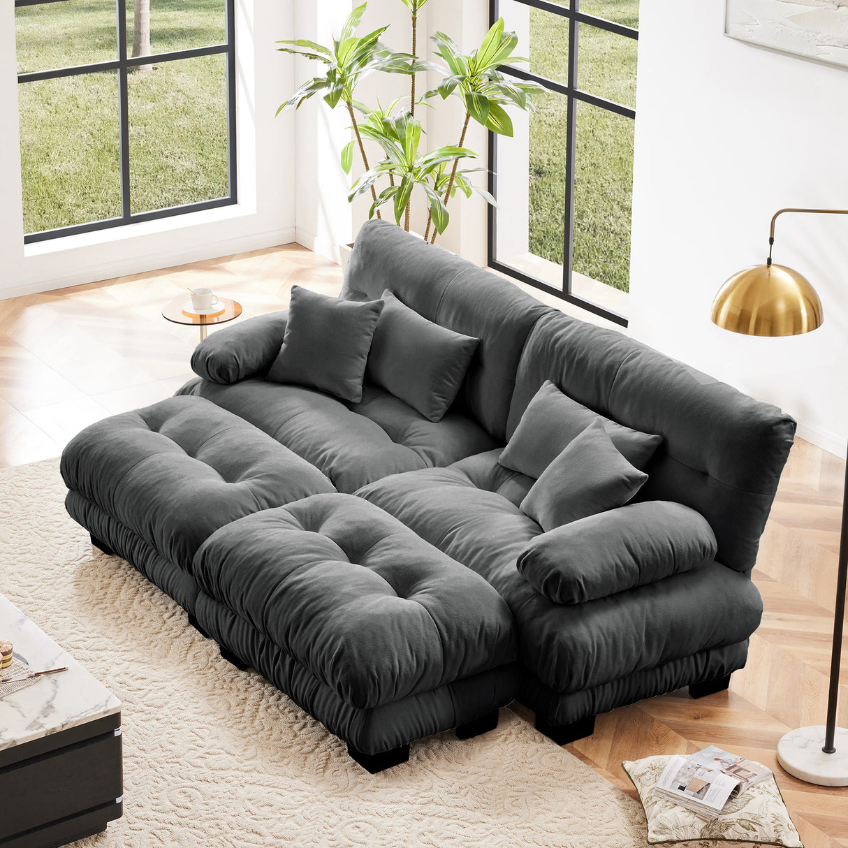 Chenille Cloud 2-Seater Sofa With Ottomans And Pillows