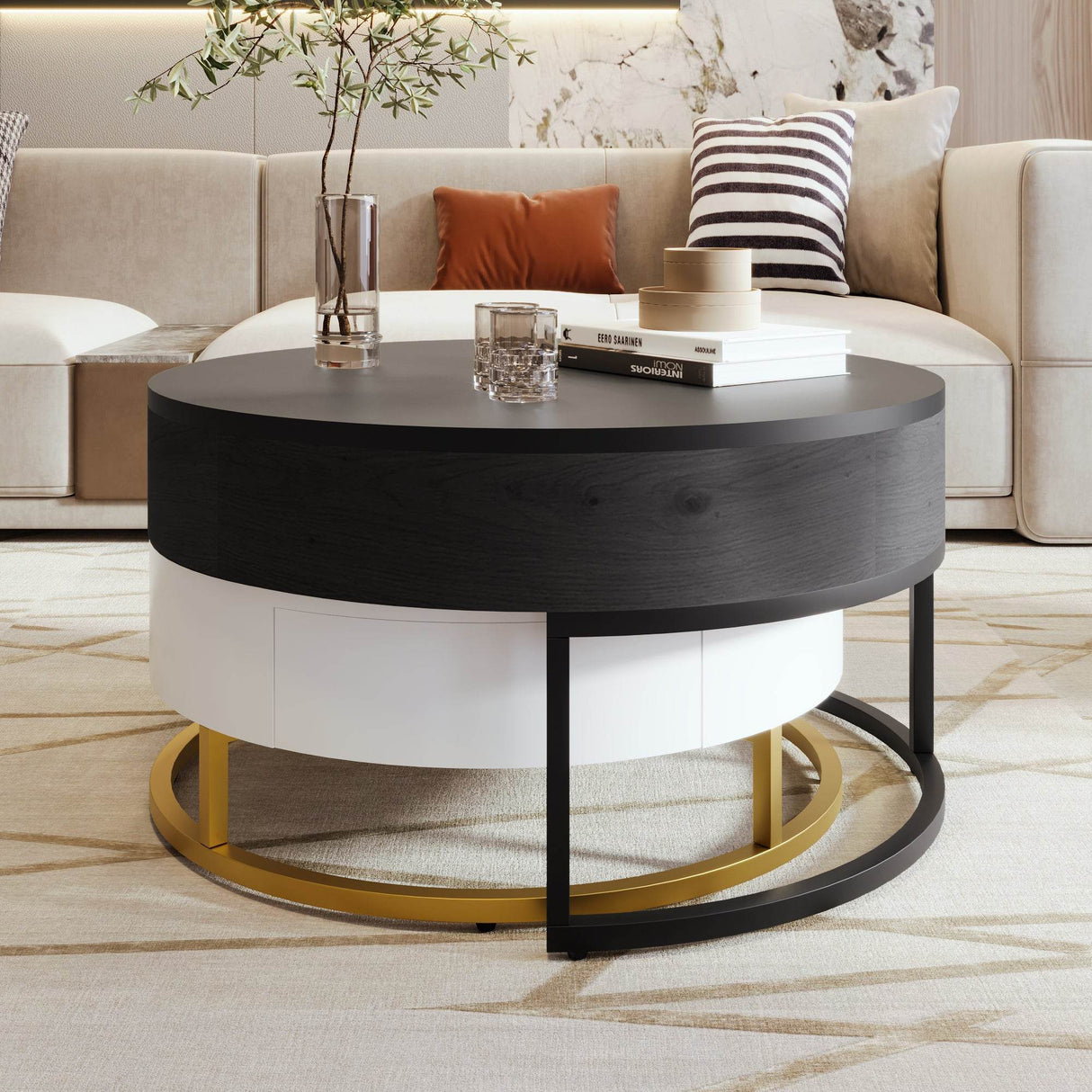 Modern Round Lift-Top Nesting Coffee Tables With Drawers - Sleep Galleria