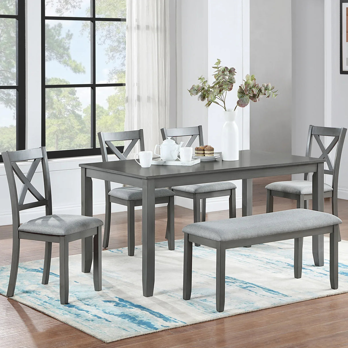 6-Piece Acacia Wood Dining Table Set With Upholstered Chairs - Omega Lifestyles