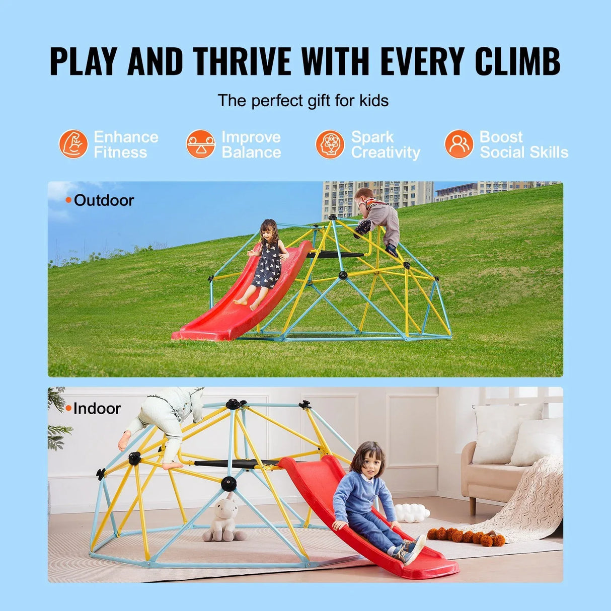 8FT Steel Kids Climbing Dome With Slide Playground - Omega Lifestyles