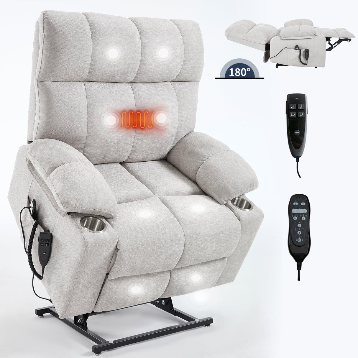Beige Chenille Power Lift Recliner Chair With Massage Heating - Omega Lifestyles