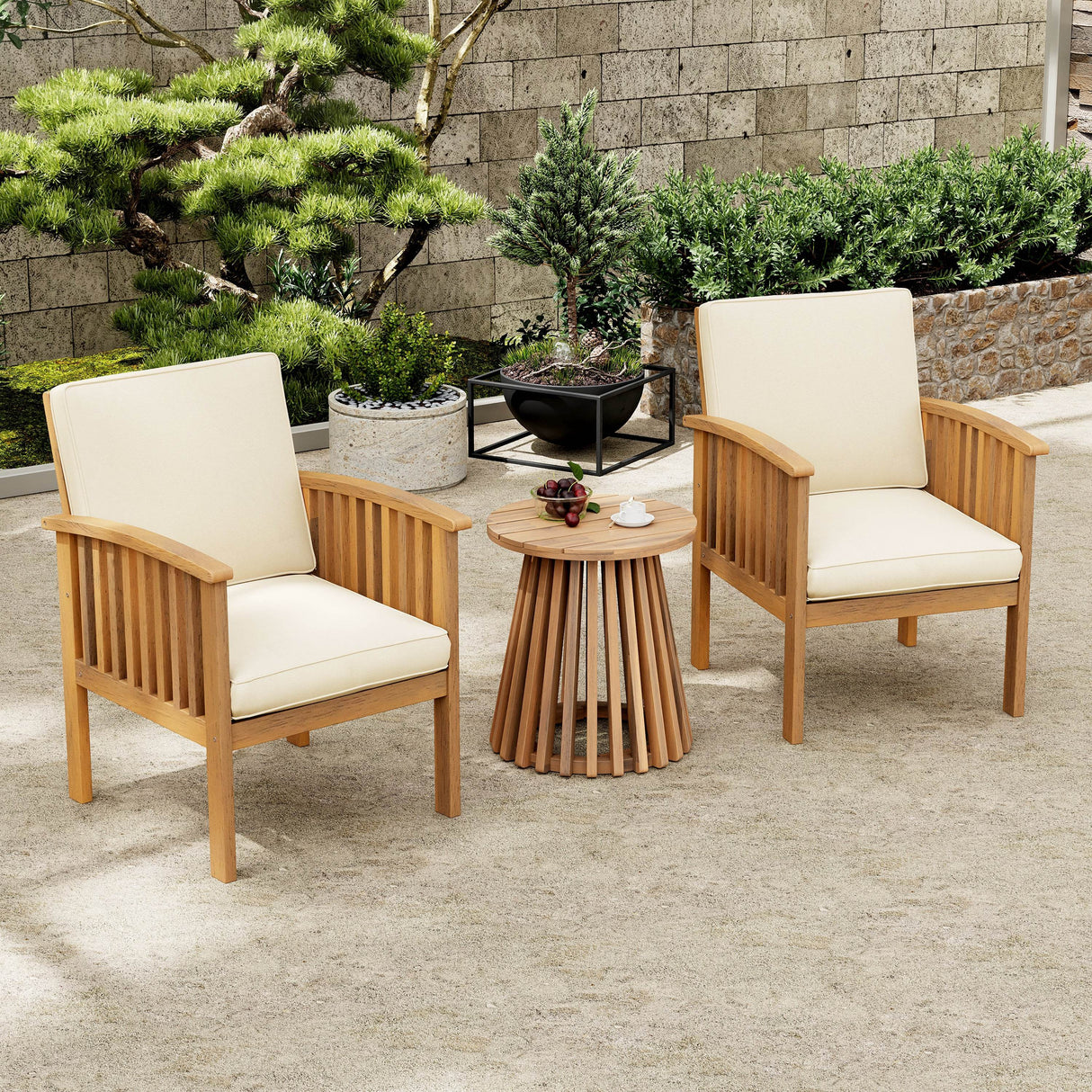 Outdoor Acacia Wood Patio Club Chair Set With Table