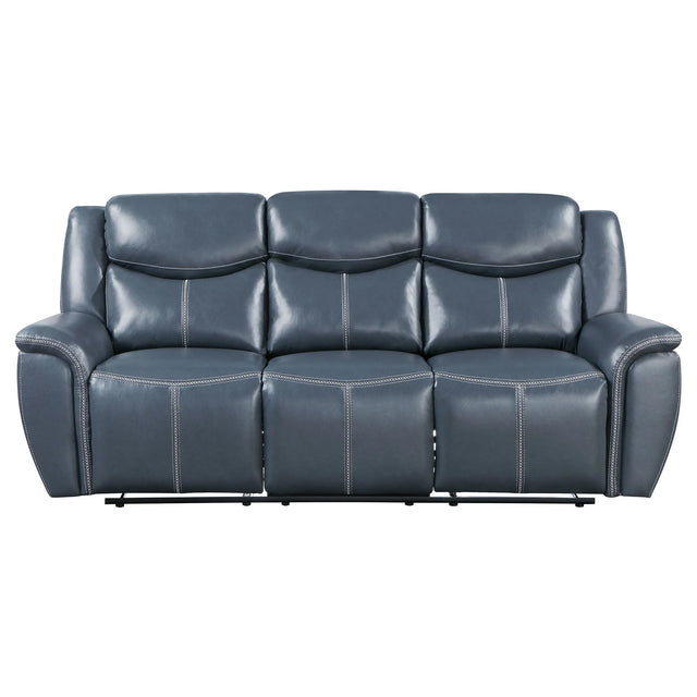 Blue Faux Leather Motion Reclining Sofa With Drop-Down Table - Omega Lifestyles