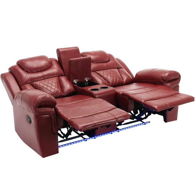 Wine Red Faux Leather Manual Recliner Sofa Set With LED Strip - Omega Lifestyles