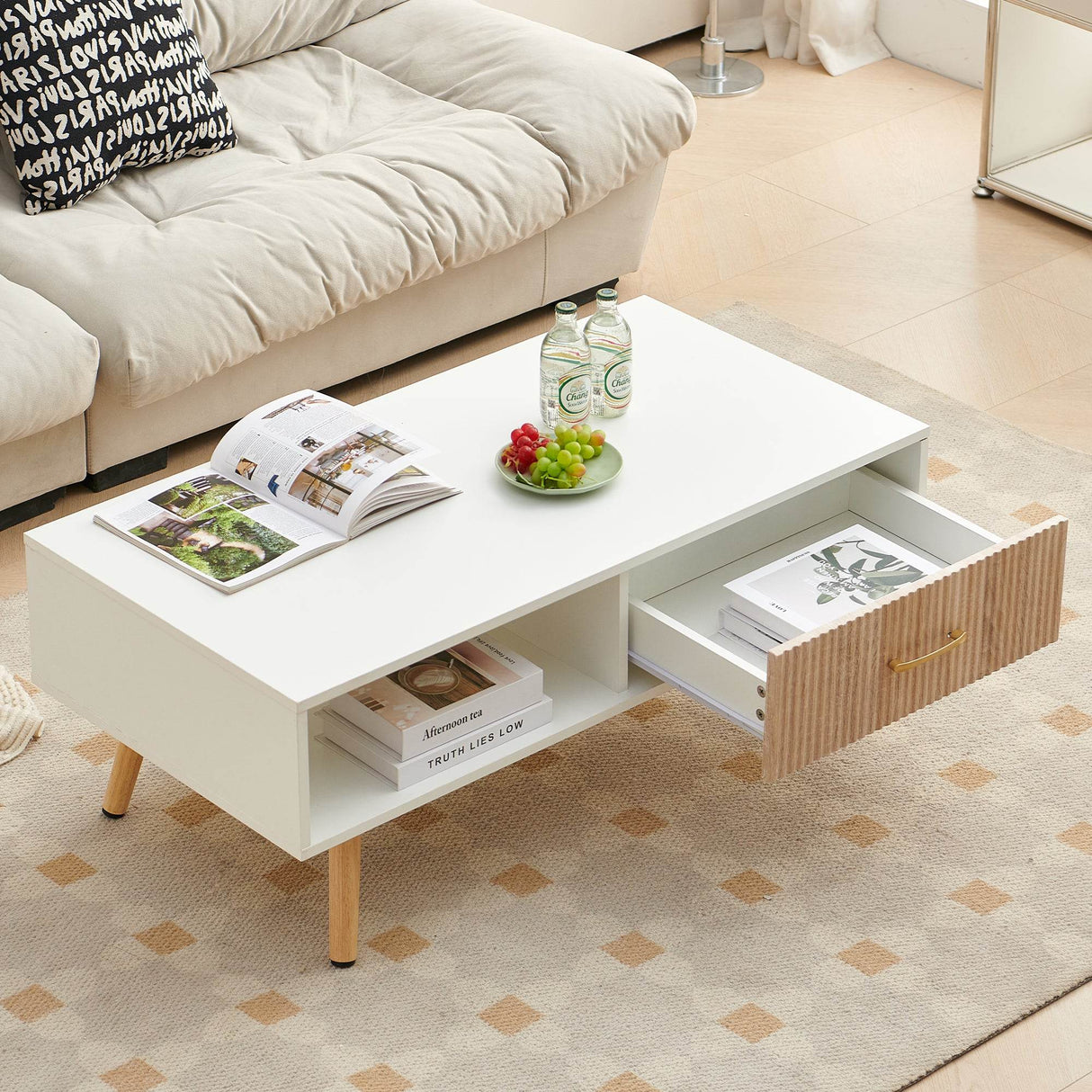 White Solid Wood Sliding Drawer Coffee Table - Sleep Galleria