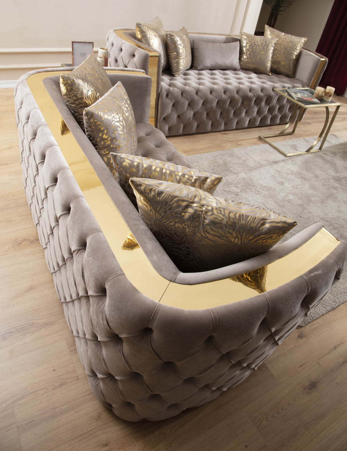 Naomi Velvet Button Tufted Firm Sofa With Gold Accents - Omega Lifestyles