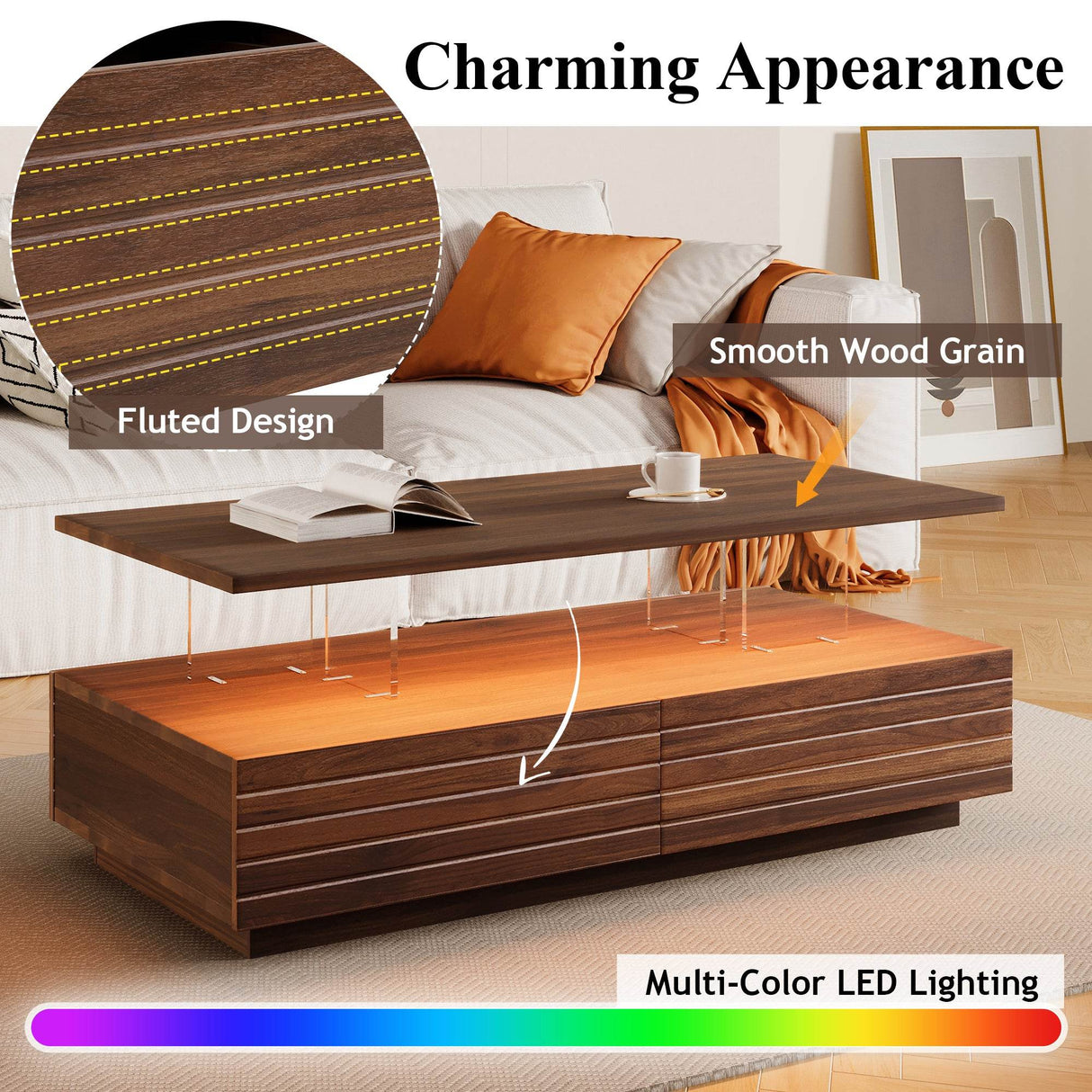 Modern Walnut Rectangle Coffee Table With LED Lights - Sleep Galleria