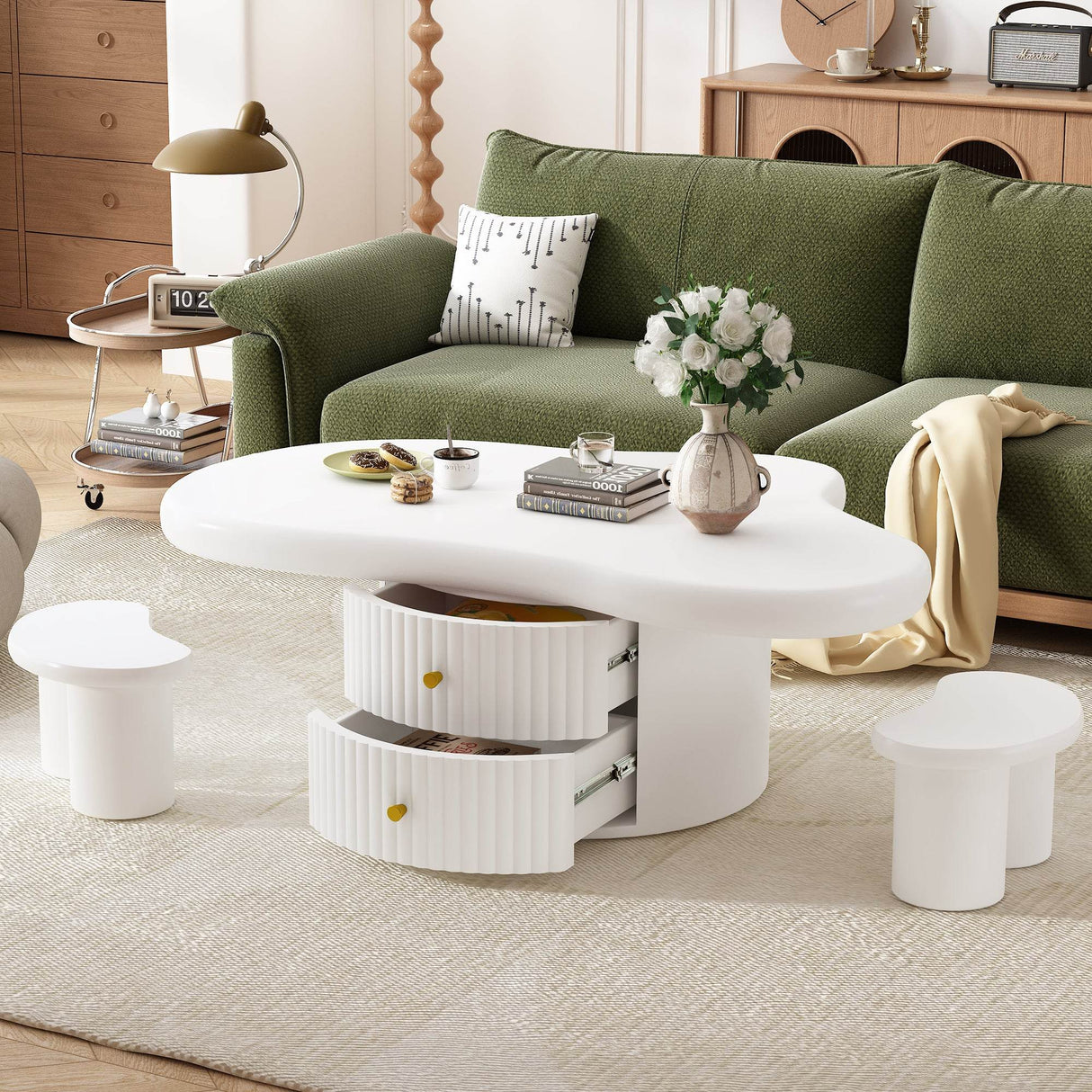 Cloud-Shaped Coffee Table With Stools And Drawers - Sleep Galleria