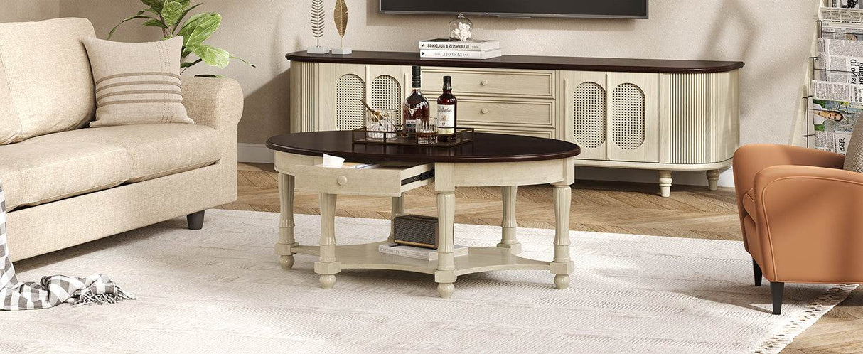 Vintage Oval Coffee Table With Drawer And Storage Shelf - Sleep Galleria
