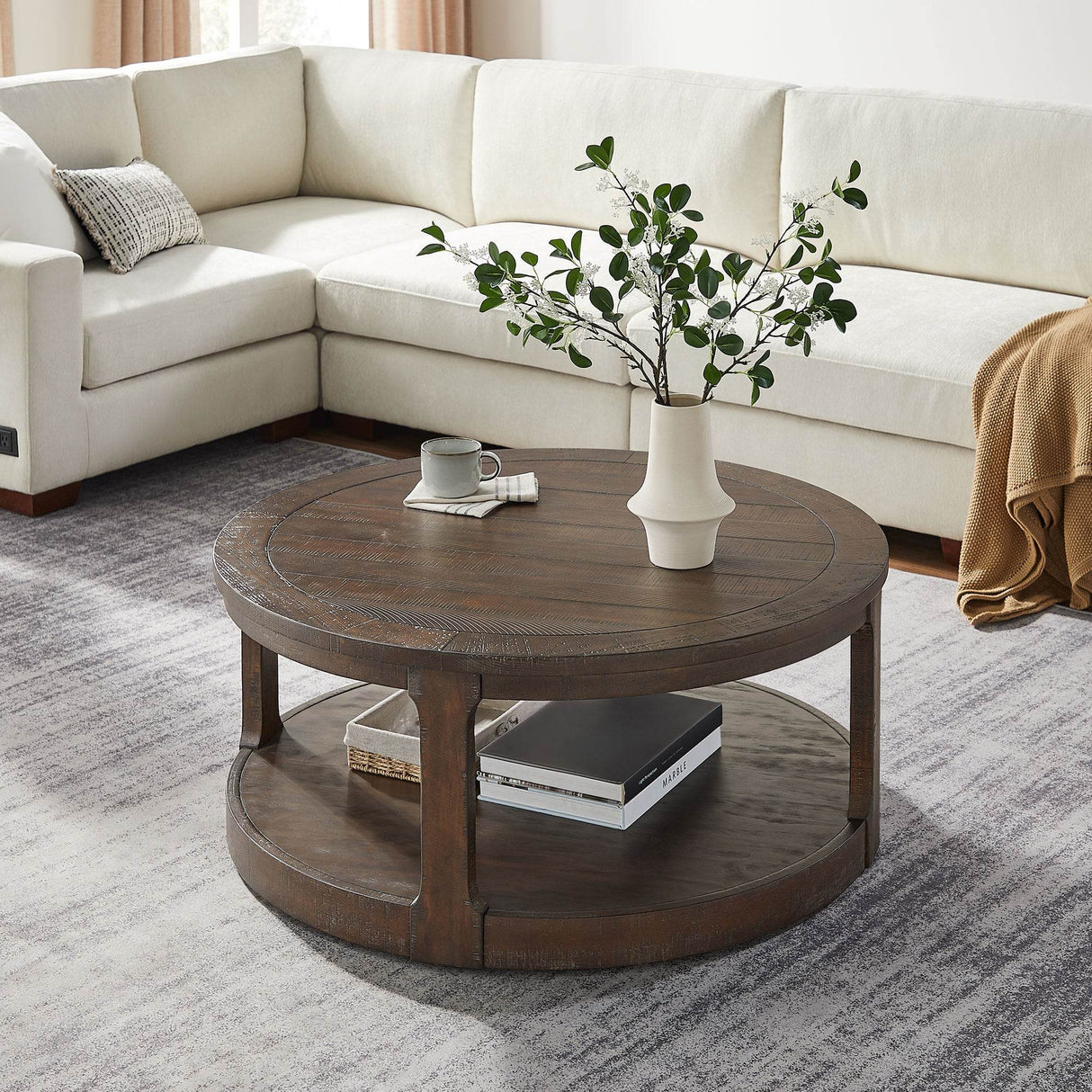 40-Inch Rustic Round Solid Wood Coffee Table With Wheels - Sleep Galleria