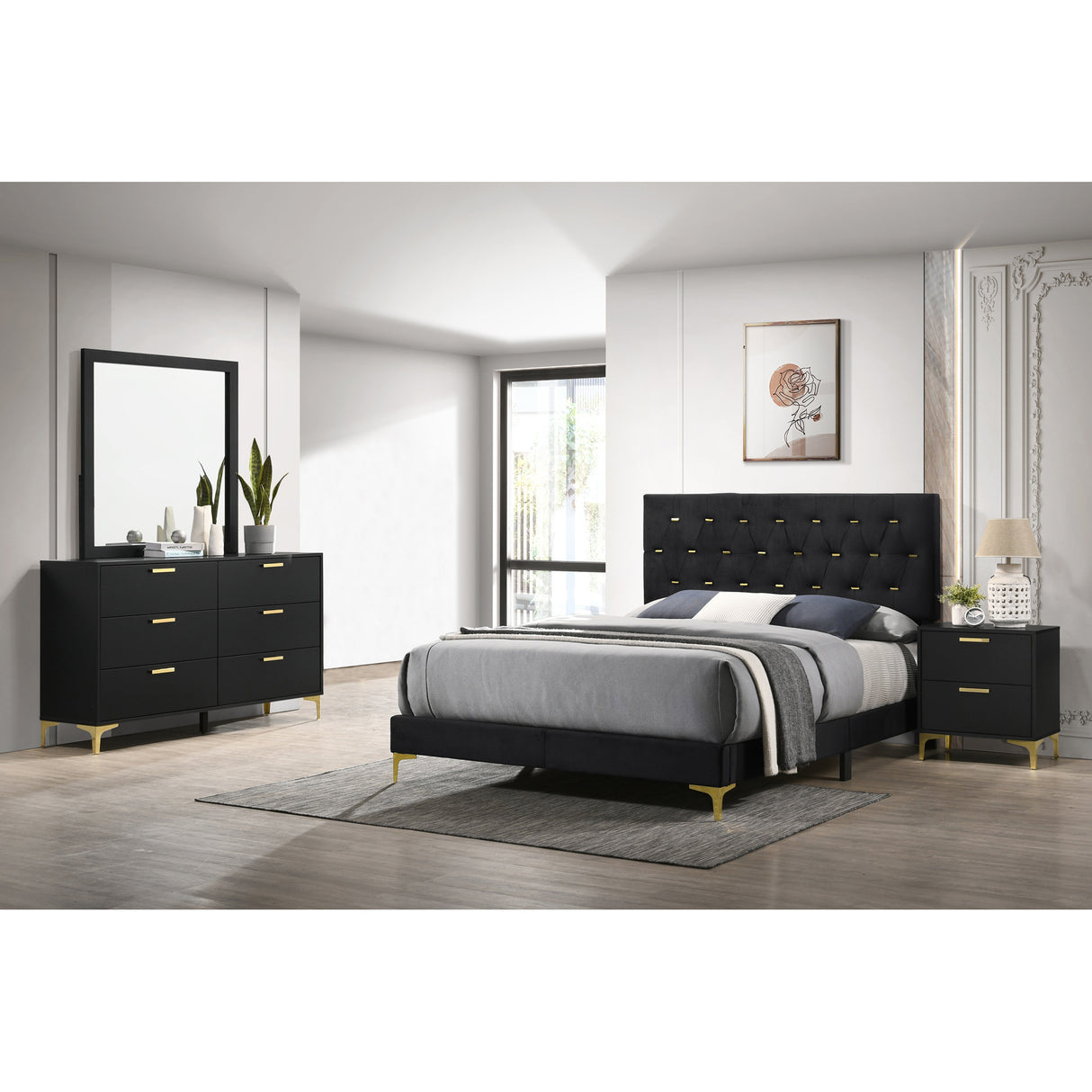 Queen Black Gold Tufted Panel 4-Piece Bedroom Set