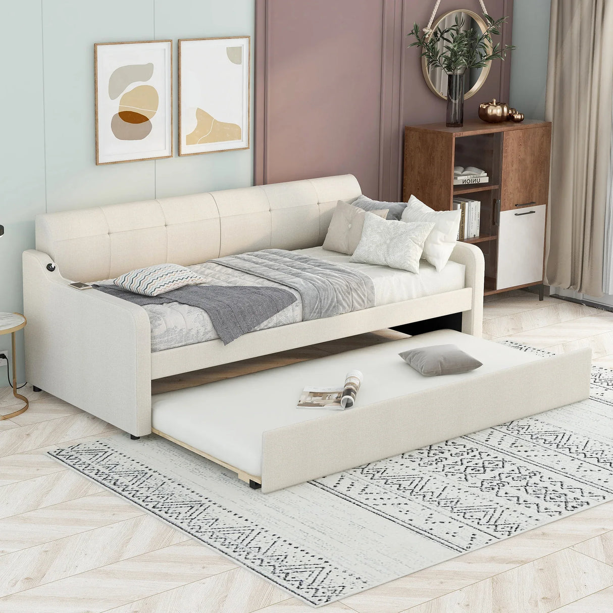 Twin Beige Upholstered Daybed With Trundle And USB Charging - Omega Lifestyles