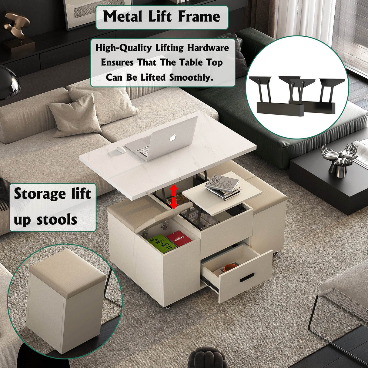 Modern Lift-Up Coffee Table With Storage And Four Stools - Sleep Galleria