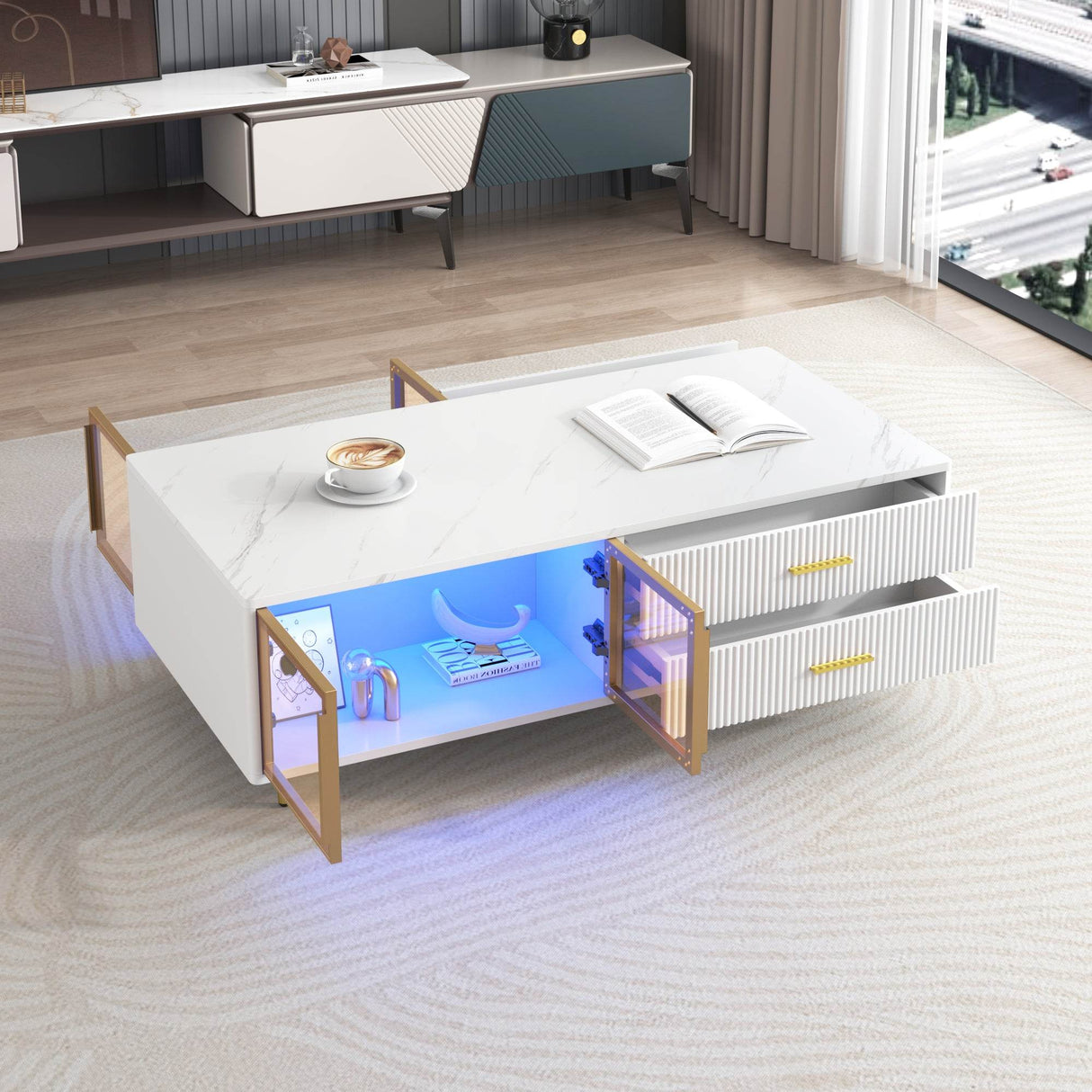 Modern White MDF Coffee Table With Storage Drawers And Lighting - Sleep Galleria