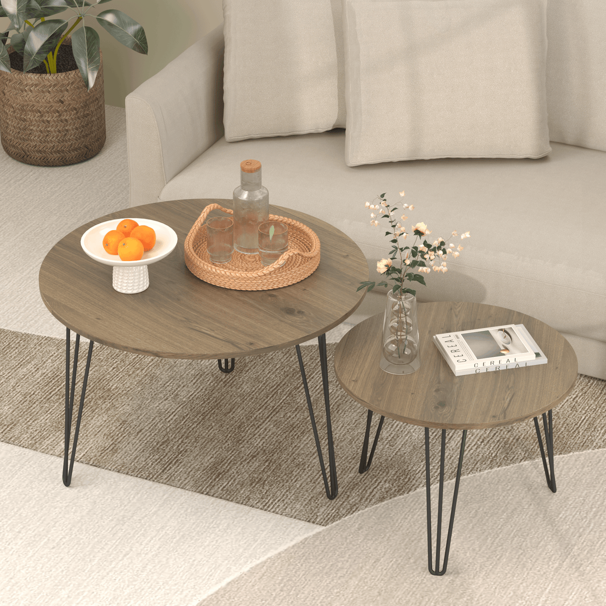 Set of 2 Rustic Brown Round Nesting Coffee Tables - Omega Lifestyles