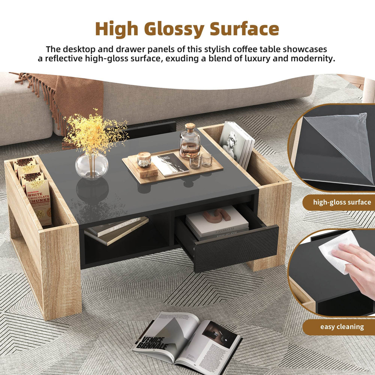 High Glossy Two Drawer Wood Grain Coffee Table - Sleep Galleria