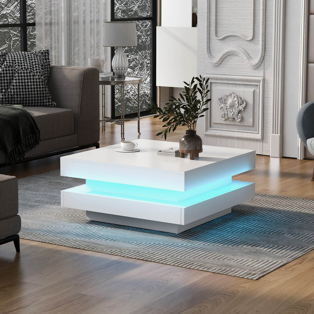 High Gloss White Particle Board Coffee Table With LED Lights - Sleep Galleria
