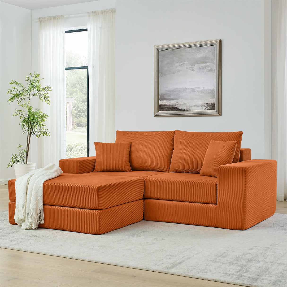 Modular Corduroy 3-Seat Sectional Sofa With Ottoman