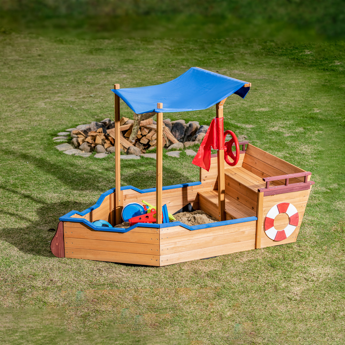 Solid Wood Pirate Ship Sandbox With Canopy And Rudder