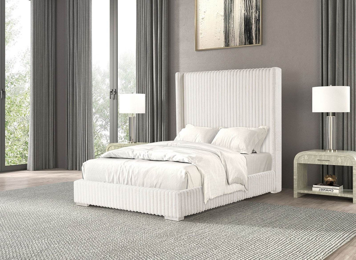 Contemporary White Fur Chenille Fabric Queen Bed Frame