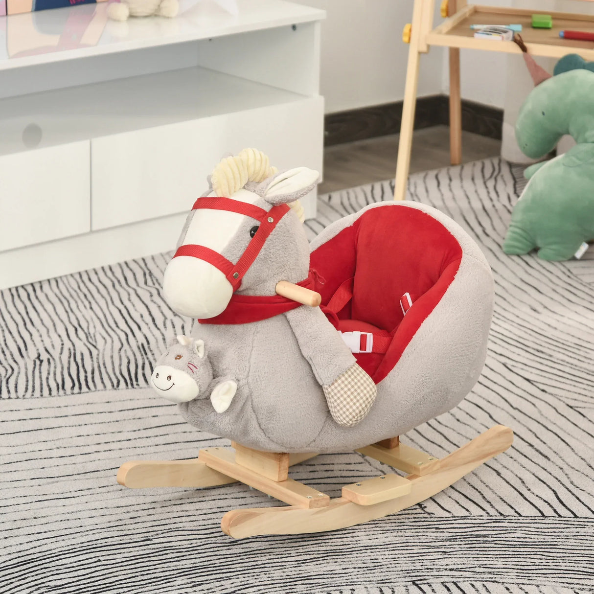 Kids Plush Wood Ride-On Rocking Horse With Lullaby - Omega Lifestyles