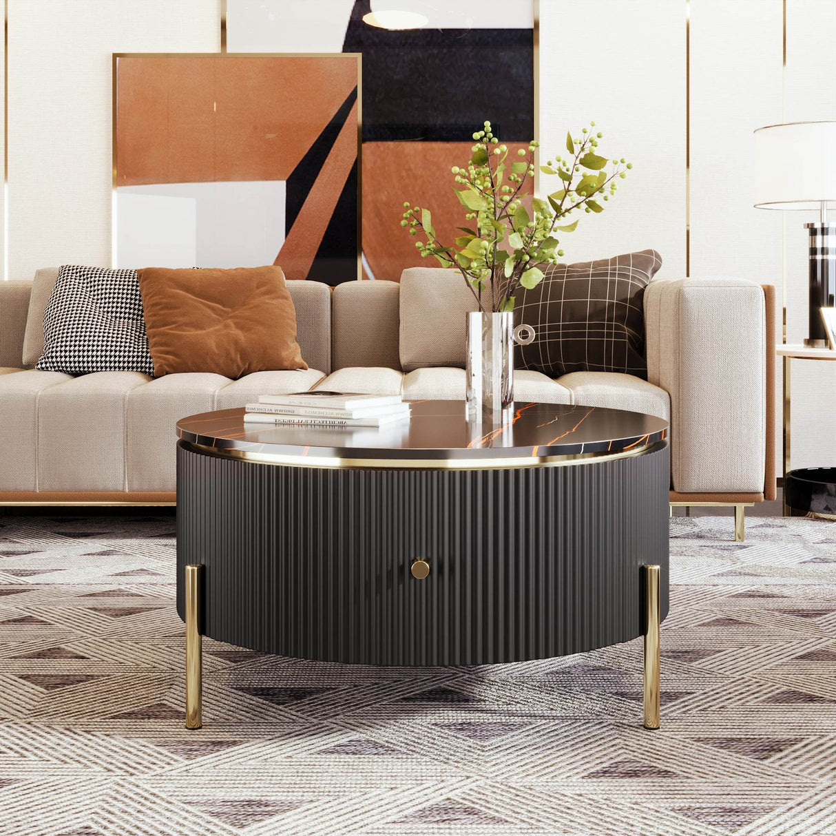 Modern Round Coffee Table With Two Large Drawers - Sleep Galleria
