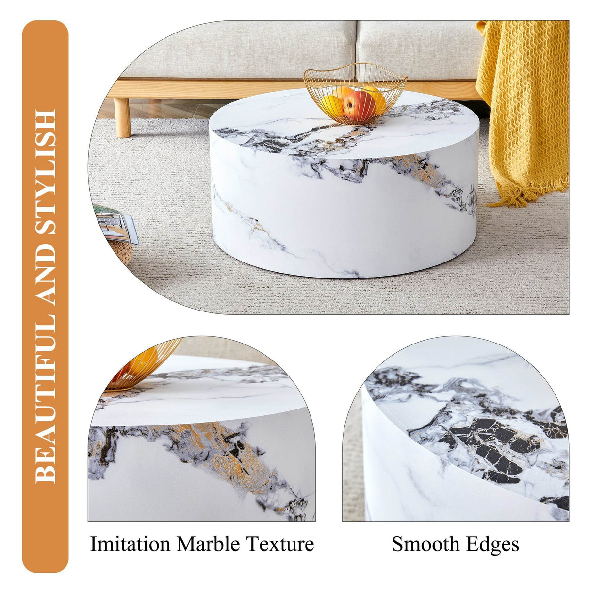 12-Inch White Patterned Cylindrical MDF Coffee Table - Omega Lifestyles