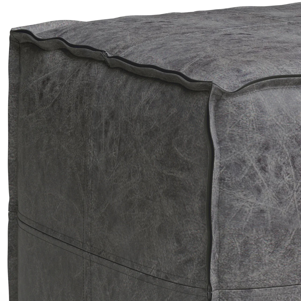 Distressed Black Vegan Faux Leather Square Pouf - Omega Lifestyles